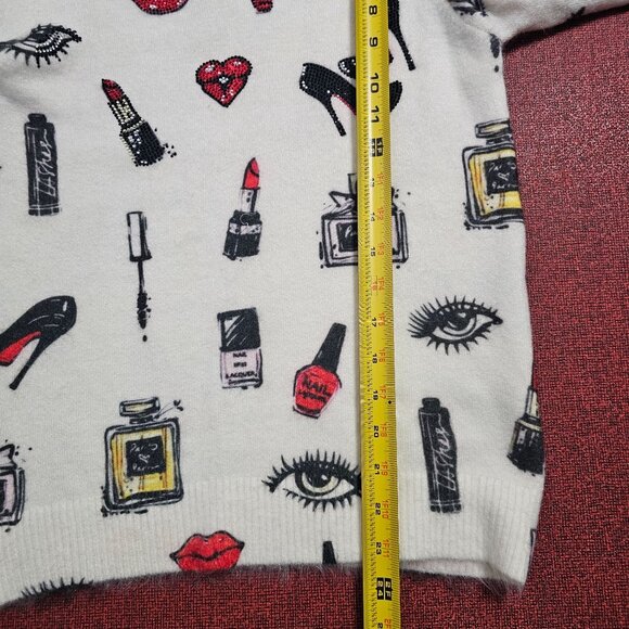 Tricotto Graphic Print Pullover Sweater S White V-Neck Artsy Embellished Beauty - Picture 8 of 9